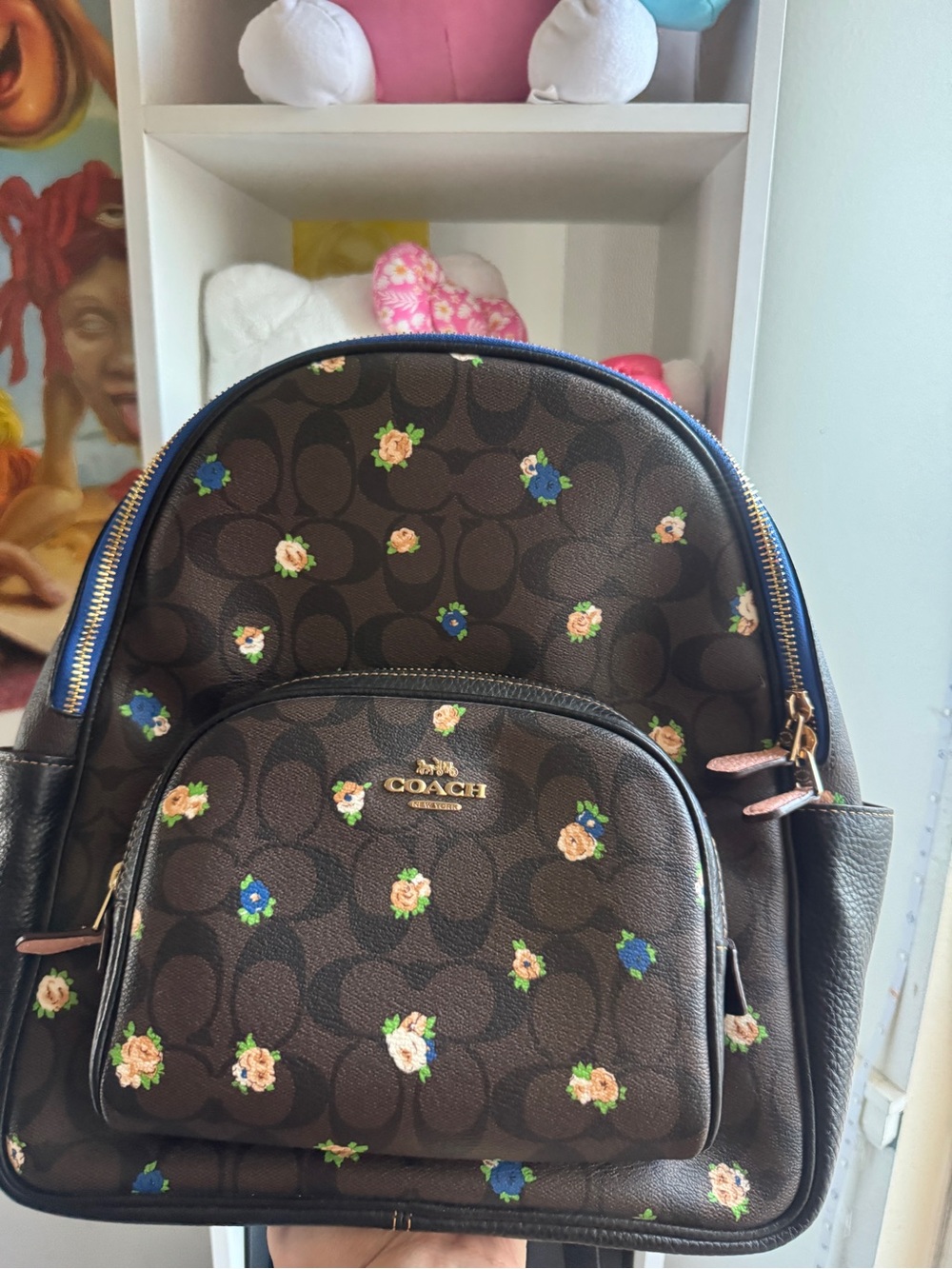 COACH Brown Signature Floral Backpack with Multicolor Blossoms